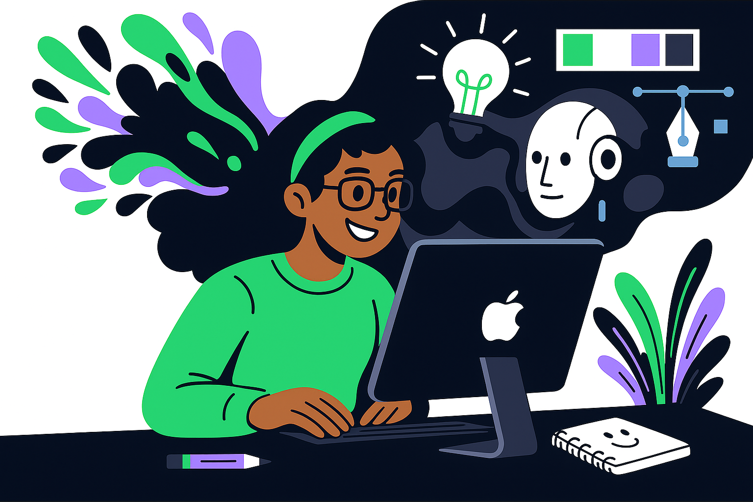 Ilustração criada pela equipe da Aliens Design por IA pelo Sora de uma designer trabalhando em conjunto com IA, com elementos que remetem a criatividade, como uma lâmpada, paleta de cores e um robô.